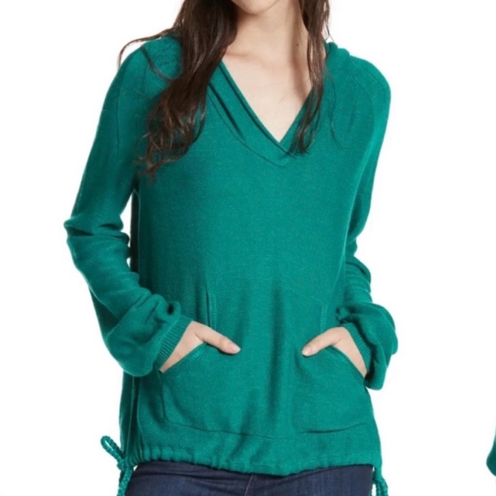 Free People Teal V-Neck Hooded Sweater